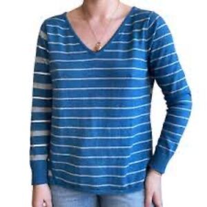 Smartwool Womens Blue Gray Striped Merino Wool V Neck Lightweight Sweater Sz M